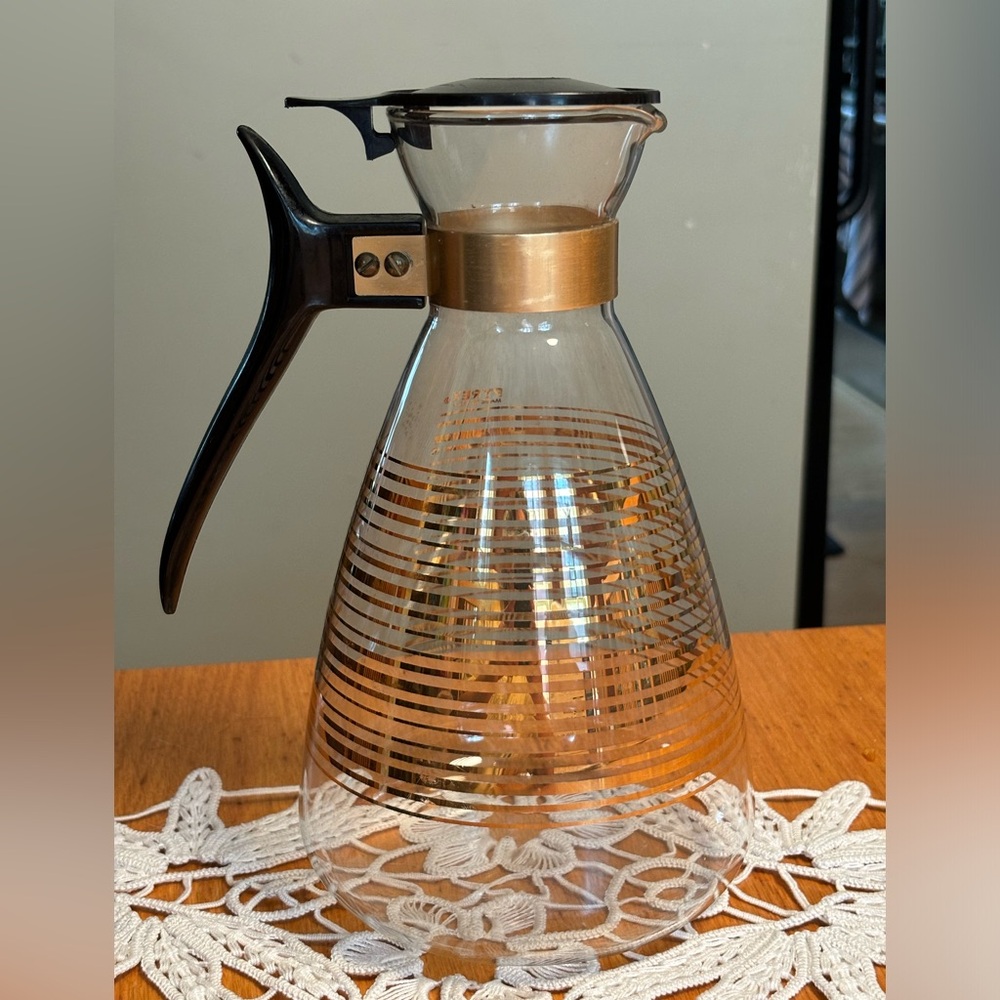 Vtg Pyrex MCM Glass Carafe w Gold Stripes